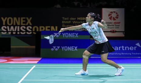 Gregoria Mariska Tunjung saat beraksi di Swiss Open 2023.