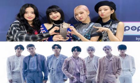 Grup K-pop Blackpink (atas) dan BTS (bawah). Jurnalis Palestina menyerukan boikot terhadap karya BTS dan Blackpink.