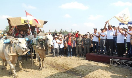 Gubernur DIY, Sri Sultan Hamengku Buwono X mengibarkan bendera tanda dimulainya karnaval gerobak sapi pada Festival Gerogak Sapi 2015 di Stadion Sultan Agung, Kabupaten Bantul, DIY, Ahad (6/9).