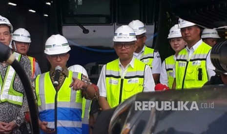 Jakarta's Governor Anies Baswedan oversees (MRT) trains in Depot Lebak Bulus, South Jakarta, Thursday (April 12).