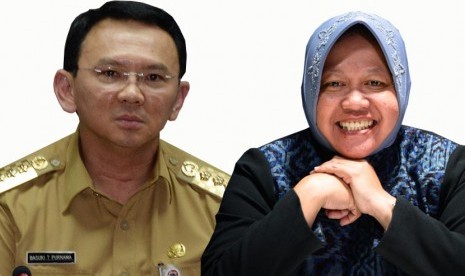 Gubernur DKI Jakarta, Basuki Tjahaja Purnama alias Ahok dan Wali Kota Surabaya, Tri Rismaharini (kanan).