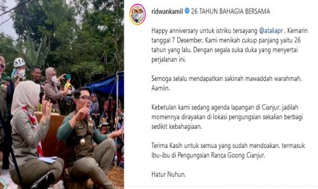 Gubernur Jabar Ridwan Kamil dan Istrinya Atalia Praratya merayakan ulang tahun pernikahan ke-26 tahun, bersama pengungsi gempa Cianjur.