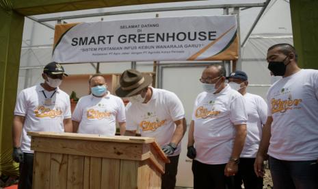  Gubernur Jabar Ridwan Kamil saat meresmikan teknologi smart greenhouse hasil kerja sama BUMD PT Agro Jabar dengan mitranya dimana greenhouse ini menggunakan metode pertanian sistem infus untuk bantu meningkatkan produktivitas panen jagung  di Desa Wanajaya, Kabupaten Garut, Rabu (27/1).