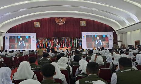 Gubernur Ridwan Kamil saat  memberi sambutan dk Kongres Kebangsaan Barudak Masagi di Gedung Merdeka, Kota Bandung, Sabtu (26/8/2023).