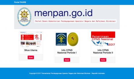 Halaman muka laman Kementerian Pemberdayagunaan Aparatur Negara dan Reformasi Birokrasi yang menampilkan informasi tentang seleksi CPNS tahap I dan pembukaan seleksi CPNS tahap II.