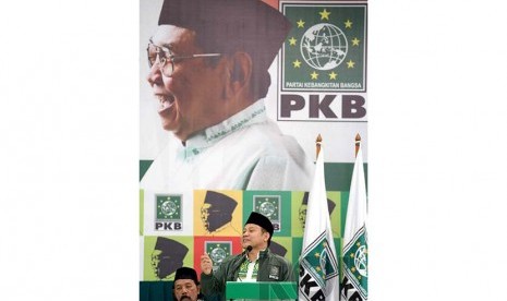 Haul Gus Dur. Ketua Umum PKB Muhaimin Iskandar memberikan orasi saat peringatan Haul Gus Dur ke-5 di DPP PKB, Jakarta, Selasa (23/12).