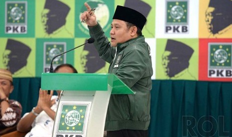 Haul Gus Dur. Ketua Umum PKB Muhaimin Iskandar memberikan orasi saat peringatan Haul Gus Dur ke-5 di DPP PKB, Jakarta, Selasa (23/12).