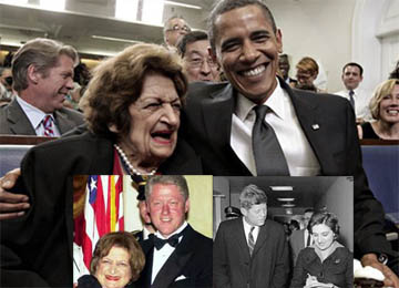 Helen Thomas bersama Presiden Obama saat merayakan ulangtahun. (insert: Helen bersama Presiden Bill Clinton dan John F. Kennedy)