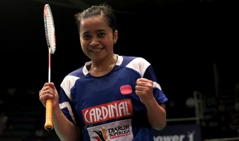 Hera Desi yang menjadi penentu kemenangan tim putri Mutiara Cardinal Bandung melawan Tjakrindo Masters Surabaya dengan 3-2 dan lolos ke babak final Djarum Superliga Badminton 2017, Jumat (24/2).