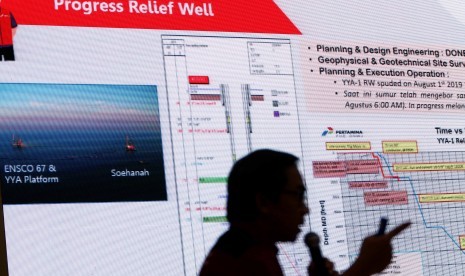 Incident Management Team Pertamina Hulu Energi Offshore North West Java (PHE ONWJ), Taufik Aditiyawarman memberikan paparan terkait penanganan terhadap tumpahan minyak di anjungan YYA-1 PHE ONWJ di Laut Jawa, di Kantor Pusat Pertamina, Jakarta, Kamis (8/8/2019).