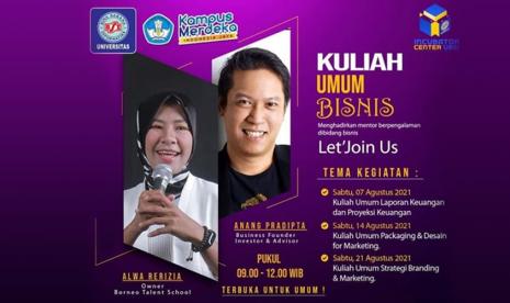 Incubator Center (IC) Universitas BSI (Bina Sarana Informatika), sebagai wadah dalam pengembangan entrepreneur di lingkungan kampus Universitas BSI, akan menyelenggarakan Kuliah Umum Bisnis secara online melalui Zoom dan YouTube BEC UBSI Official pukul 9.00-12.00 WIB. 