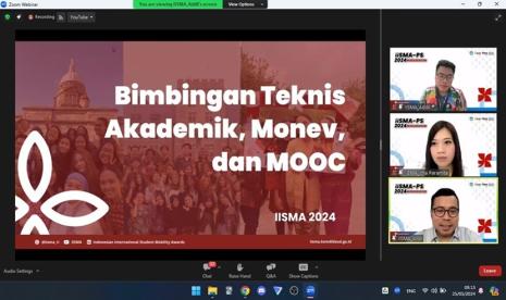 Indonesian International Student Mobility Awards (IISMA) 2024 kembali menggelar sesi kelima dari rangkaian Pre-Departure Series (IISMA 2024-PDS). Mengusung tema Bimbingan Teknis Akademik dan Monitor Evaluasi (Monev), sesi ini dilaksanakan secara daring melalui Zoom pada Sabtu, (25/5/2024).