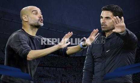 Pelatih Manchester City Pep Guardiola Vs pelatih Arsenal Mikel Arteta (kanan).