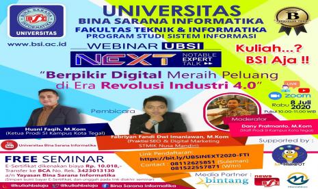 Informasi detil kegiatan Webinar UBSI NEXT (Notable Expert Talk) dengan tema “Berpikir Digital Meraih Peluang di Era Revolusi Industri 4.0”, yang akan digelar Rabu (8/7).