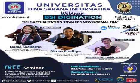 Informasi penyelengaraan Webinar BSI Digination yang akan diselenggarakan pada Rabu, 24 Juni 2020.