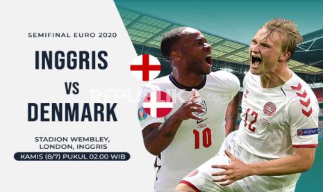 Inggris vs Denmark di semifinal Euro 2020, adu tajam Raheem Sterling (kiri) dan Kasper Dolberg. 