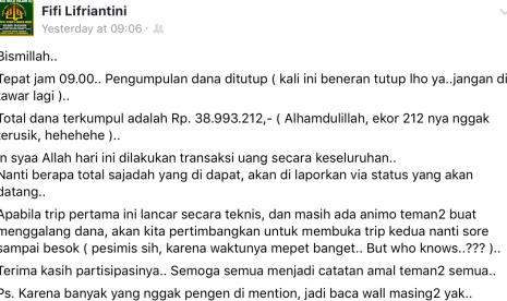 Initiator is overwhelmed with swift flow of 212 rally donations. Fund-rising to buy prayer mats initiator Fifi Lifriantini managed to collect nearly Rp 39 million. 