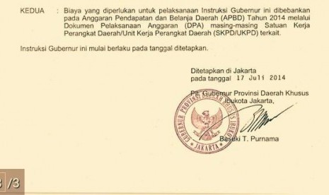 Instruksi Gubernur yang ditandatangani Ahok.