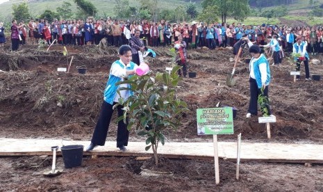 Iriana Jokowi saat melakukan penanaman pohon di Geopark Kaldera Toba serta mengunjungi desa tenun di Desa Hutaraja Lumban Suhisuhi, Kecamatan Pangururan, Toba Samosir, Rabu (18/4).