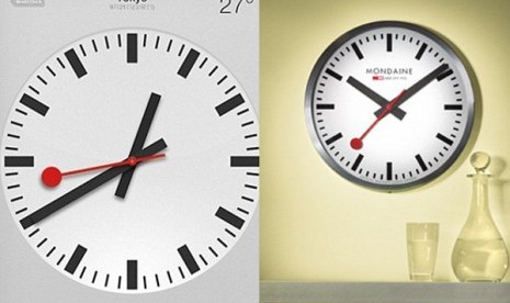 Jam di aplikasi Apple (kiri) dan jam desain Swiss National Rail Operator(kanan)