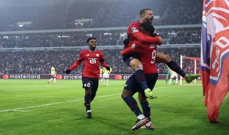 Jonathan David dari Lille merayakan golnya ke gawang Lille dalam pertandingan penyisihan Liga Champions UEFA di Stadion Pierre Mauroy, Lille, Prancis, Rabu (6/11/2024) dini hari WIB.