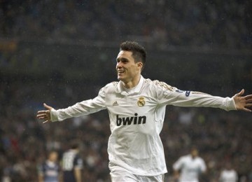 Jose Callejon, pemain Real Madrid, berselebrasi usai mencetak gol ke jala Dinamo Zagreb di laga Liga Champions.