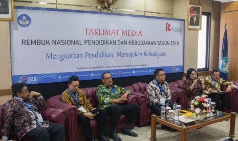 Jumpa pers Rembuk Nasional Pendidikan dan Kebudayaan (RNPK) 2018 di Pusdiklat Kemendikbud, Sawangan, Depok, Jawa Barat, Rabu (7/2).