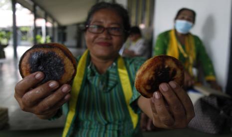 Juru masak Pura Mangkunegaran Solo menunjukkan kue apem yang dibuat di keraton setempat, Solo, Jawa Tengah, Sabtu (26/3/2022). Selain untuk promosi wisata, kegiatan tersebut sebagai upaya mengenalkan makanan tradisional kepada wisatawan yang mengunjungi Pura Mengkunegaran Solo.