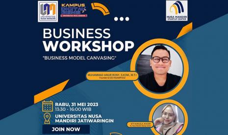 Kampus Digital Bisnis Universitas Nusa Mandiri (UNM) lewat wadah Nusa Mandiri Startup Center (NSC) kembali mengadakan Program Pembinaan Bisnis (P2BM). P2BM dalam bentuk Workshop Business Model Canvasing (BMC) yang akan menghadirkan Muhammad Ainur Rony, pendiri dan CEO NGAMPOOZ sebagai narasumber utama pada Rabu 31 Mei 2023. Kegiatan ini akan berlangsung di UNM kampus Jatiwaringin, Jl. Raya Jatiwaringin No.2, Cipinang Melayu, Makasar, Jakarta Timur.