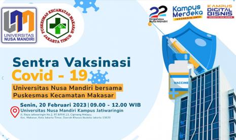 Kampus Digital Bisnis Universitas Nusa Mandiri (UNM) mendukung program vaksinasi booster kedua untuk meningkatkan kekebalan tubuh bekerja sama dengan Puskesmas kecamatan Makasar, Jakarta Timur. Kegiatan pemberian vaksin booster kedua ini akan dilaksanakan pada Senin 20 Februari 2023, pukul 09.00-12.00 WIB di UNM kampus Jatiwaringin, Jl Raya Jatiwaringin No 2, Cipinang Melayu, Makasar, Jakarta Timur.