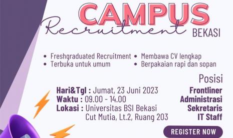 Kampus Digital Kreatif Universitas BSI (Bina Sarana Informatika) melalui BSI Career Center (BCC) berkolaborasi dengan PT Sumberdaya Dian Mandiri (SDM) akan mengadakan Campus Recruitment di Kampus BSI Bekasi Cut Mutia.