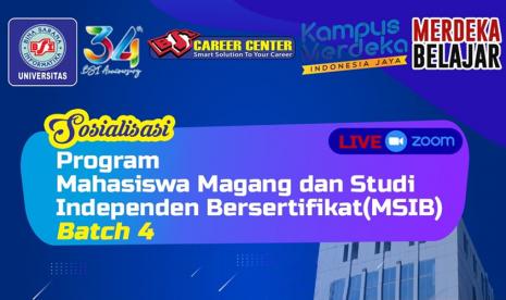  Kampus Digital Kreatif Universitas BSI (Bina Sarana Informatika) melalui BSI Career Center (BCC) siap mengadakan sosialiasi Magang dan Studi Independen Bersertifikat (MSIB). Kegiatan ini akan digelar secara daring, pada Jumat, 9 Desember 2022, pukul 13.30-15.00 WIB mendatang. 