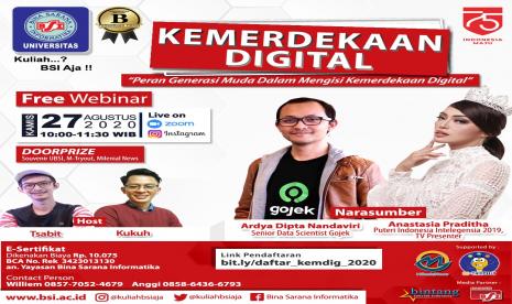 Kampus UBSI akan menggelar webinar Kemerdekaan Digital pada 27 Agustus 2020 mendatang.