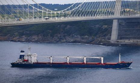 Kapal kargo berbendera Sierra Leone, Razoni, berlayar di bawah Jembatan Yavuz Sultan Selim setelah diperiksa oleh pejabat Rusia, Ukraina, Turki, dan PBB di pintu masuk Selat Bosphorus di Istanbul, Turki, Rabu, 3 Agustus 2022. Razoni, dimuati dengan 26.000 ton jagung, merupakan kapal kargo pertama yang meninggalkan Ukraina sejak invasi Rusia, dan berlayar dari Odesa pada Senin, 1 Agustus 2022. Tujuan akhirnya adalah Lebanon.