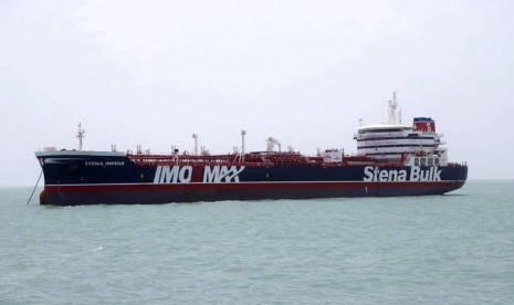 Kapal tanker berbendera Inggris Stena Impero di pelabuhan Iran Bandar Abbas, yang ditahan Garda Revolusi Iran saat berada di Selat Hormuz.