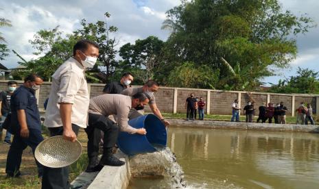 Kapolres Tasikmalaya Kota AKBP Doni Hermawan dan Kepala Dinas Ketahanan Pangan, Pertanian, dan Perikanan, Kota Tasikmalaya, Tedi Setiadi menebar benih ikan di UPTD Balai Benih Ikan Kota Tasikmalaya, Kamis (22/4). Penyebaran benih secara simbolis itu sekaligus menjadi penanda dimulainya pelatihan budidaya ikan kepada para eks napiter di Kota Tasikmalaya.