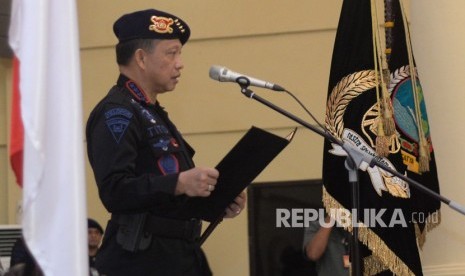 Kapolri Jenderal Tito Karnavian  memberikan sambutan saat acara serah terima jabatan  perwira tinggi  Kadiv Humas Polri dan Kapolda Bangka Belitung di  Mako Brimob, Depok, Jawa Barat, Rabu (14/11). 