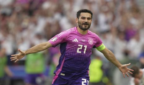 Kapten Jerman Ilkay Gundogan merayakan golnya ke gawang HUngaria pada laga kedua Grup A Euro 2024.