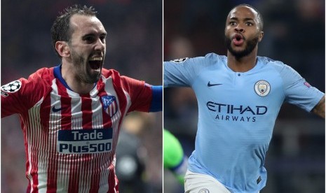 Kapten kesebelasan Atletico Madrid, Diego Godin (kiri) dan penyerang Manchester City, Raheem Sterling (kanan)