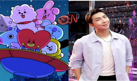 Karakter BT21 (kiri) dan RM BTS (kanan). Akun X BT21 dan Line Friends menegaskan tidak akan merilis NFT yang pernah ditentang RM BTS. 