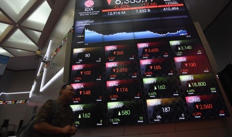 Karyawan melintas di dekat layar pergerakan saham di Bursa Efek Indonesia, Jakarta, Selasa (12/3/2019). 