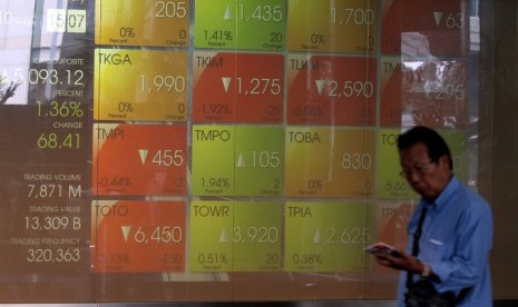 Karyawan melintas di depan layar Indeks Harga Saham Gabungan (IHSG) di Bursa Efek Indonesia, Jakarta, Kamis (10/7). 