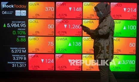 Karyawan melintas di depan layar Indeks Harga Saham Gabungan (IHSG), di Bursa Efek Indonesia, Jakarta. IHSG Selasa (23/3) menguat 0,49 persen ke posisi 6.331. 