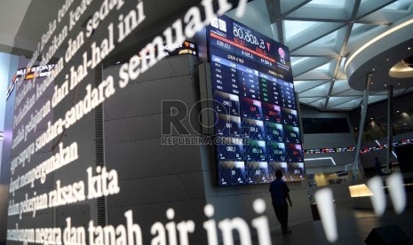 Karyawan melintas didepan layar pergerakan Indeks Harga Saham Gabungan (IHSG) di Bursa Efek Indonesia (BEI), Jakarta, Rabu (15/4).(Republika/ Yasin Habibi)