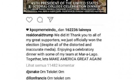 Kata Om Telolet Om juga masuk ke kolom komentar Instagram Presiden Amerika Serikat, Donald Trump.