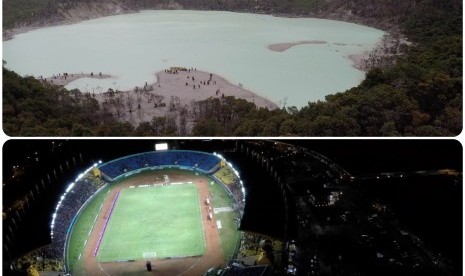 Kawah Putih (atas) dan Stadion Jalak Harupat (bawah)