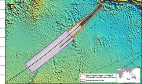 Kawasan pencarian baru pesawat Malaysia Airline MH370 dalam warna oranye, sementara kawasan pencarian hingga saat ini dalam warna ungu.