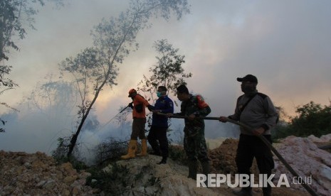 Kebakaran hutan dan lahan akibat musim panas semakin meluas terjadi dan sudah mendekati pemukiman warga di kecamatan Dumai Barat kota Dumai, Dumai, Riau, Selasa (12/2/2019).