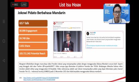 Kegiatan diskusi bulanan Koalisi Cek Fakta bertajuk Tren Hoaks Seputar Pendaftaran Capres yang diselenggarakan secara daring, Jumat (27/10/2023) sore. 