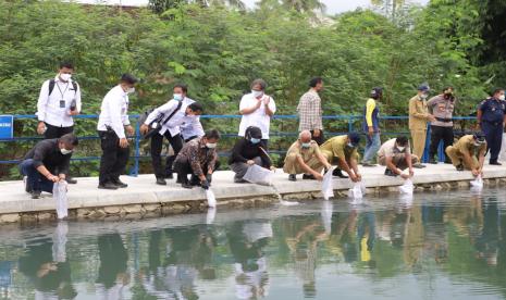 Kegiatan tebar benih ikan di Kabupaten Sleman, DIY, oleh Menteri KKP, Sakti Wahyu Trenggono.